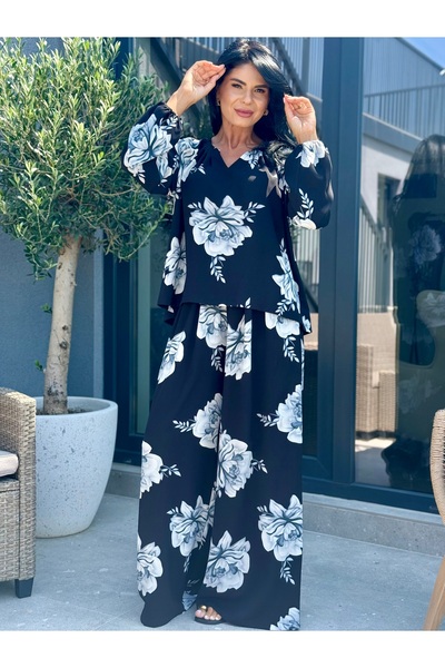 RAMONA BADESCU EXCLUSIVE Women's two-piece suit with floral print - blouse and wide-leg pants