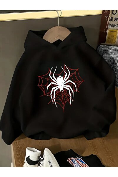 oneagılyazı Kışlık Kapüşonlu Sweatshirt, Çocuk Örümcek Ağ Kalpli Baskılı