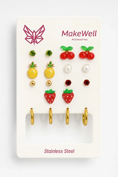 MakeWell Steel Hoop Earrings Set of 9: Bear, Kuromi, Labubu, Frog, Cat, Cherry, Strawberry, Zircon, Solitaire