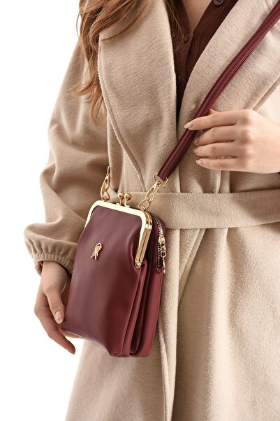 Kukura Will Women's Crossbody Bag in Burgundy with Lock Closure Detail in Faux Leather