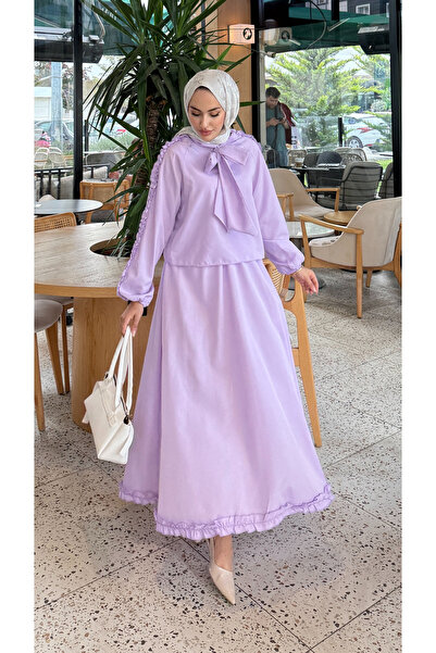 Tesettür Diyarı Kadın Kolları Fırfır Detaylı Trikoton Kumaş Tesettür Takım