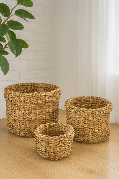 Çavdar Group 3'lü Hasır Saksılık Seti 3 Adet El Örgüsü Dekoratif Saksı