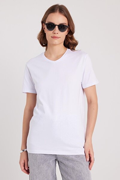 Tudors Γυναικείο μπλουζάκι με λεπτή εφαρμογή, 100% βαμβακερό, μαλακό, λευκό μπλουζάκι με λαιμόκοψη σε σχήμα V