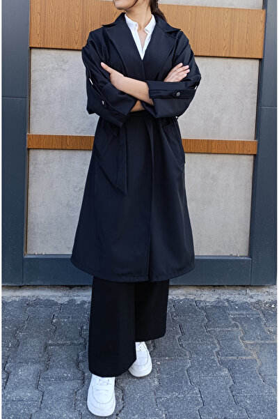 siyalife Geniş Kalıp Kruvaze Yaka Kemerli Kol Detaylı Mevsimlik Siyah Trençkot