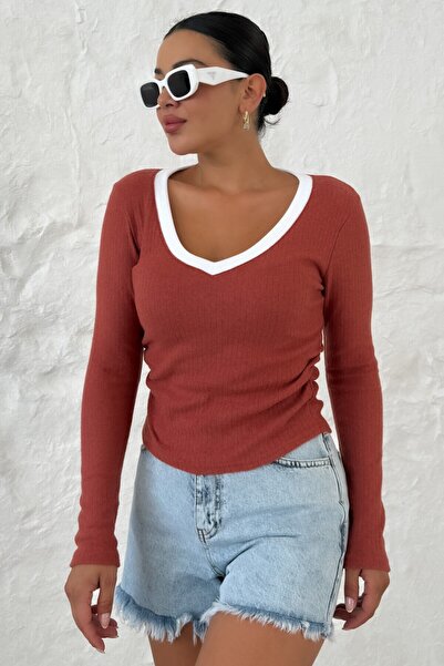 MODAGEN Kadın Kiremit V Yaka Biyeli Uzun Kollu İnterlok Bluz
