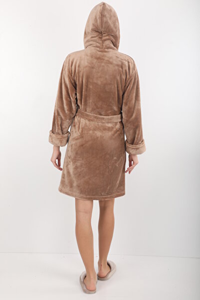 Wild Love Καφέ 100% μπαμπού γυναικείο φόρεμα μεγάλου μεγέθους με κουκούλα και κέντημα