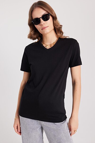 Tudors Women's Slim Fit Slim Fit 100% Cotton Soft Textured Black V-Neck T-Shirt