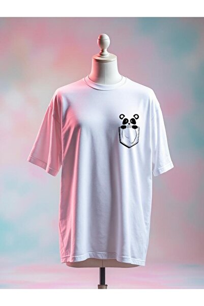 Vordevia Tricou alb supradimensionat cu imprimeu Panda Pocket