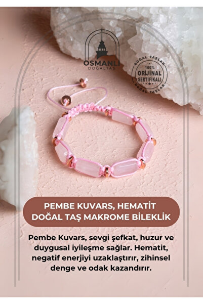 OSMANLI DOĞAL TAŞ Sertifikalı Pembe Kuvars, Hematit Doğal Taş Makrome Bileklik