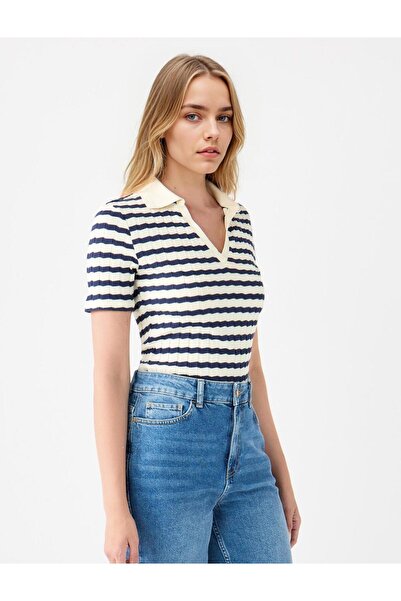 Jimmy Key Lacivert Kısa Kollu Gömlek Yaka Çizgili Örme Bluz