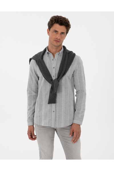 Pierre Cardin Gri Çizgili Regular Fit Desenli Gömlek 50312373-VR024