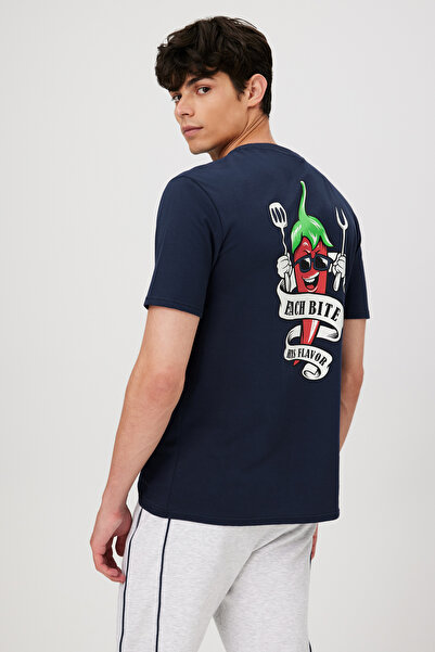 BABOKAH Front & Back Printed Comfort Fit T-Shirt – Navy Blue – 100% Cotton
