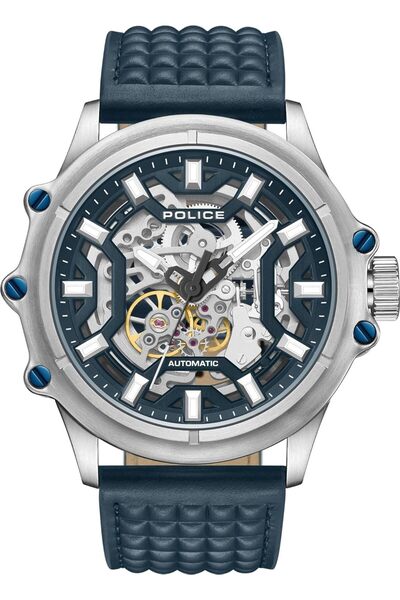 Police Luang White Dial Navy Blue Leather Strap Gents Automatic Watch With Stainless Steel Case
