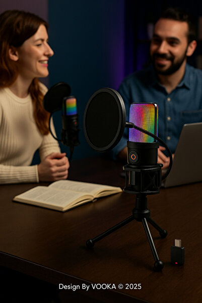 VOOKA RGB Işıklı Kablosuz Condenser Mikrofon – Tripod Standlı, USB & Type-C Dongle, 2.4G Wireless, Online