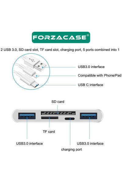 Forzacase 5in1 USB 3.0 Lightning Type-C to SD-TF Kart Okuyuculu USB Kamera Adaptörü - FC1115