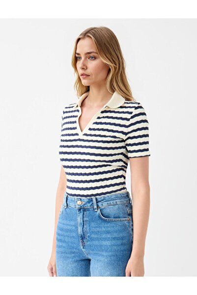 Jimmy Key Lacivert Kısa Kollu Gömlek Yaka Çizgili Örme Bluz