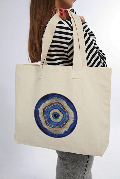 Çınar Bez Çanta Οριζόντια πάνινη τσάντα με στάμπα με μπούμπια του κακού ματιού