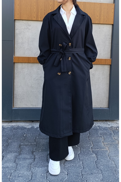 siyalife Button Detailed Double Breasted Collar Belted Seasonal Trench Coat