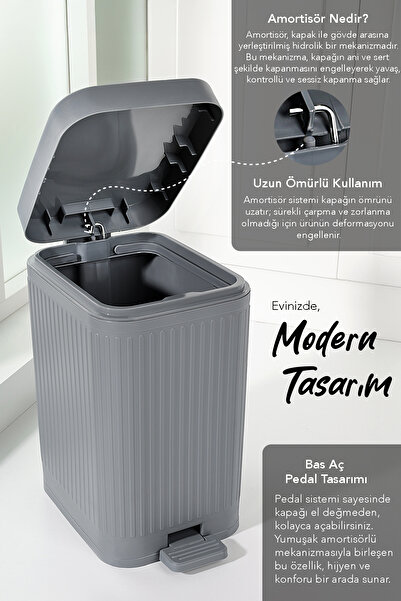 Meleni Home 10 Lt Pedallı Sessiz Çöp Kovası - Yavaş Kapanır Amortisörlü Kapak Banyo Mutfak Çöp Kovası Gri