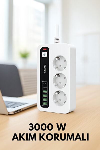 Brawi PRO P10 3X Priz 3000W Akım Korumalı 4X Usb 2X Type-c Girişli Çoklu Priz