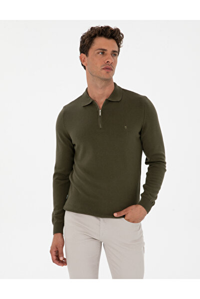 Pierre Cardin Πουλόβερ με φερμουάρ σε σκούρο χακί λεπτή εφαρμογή 50315406-VR111