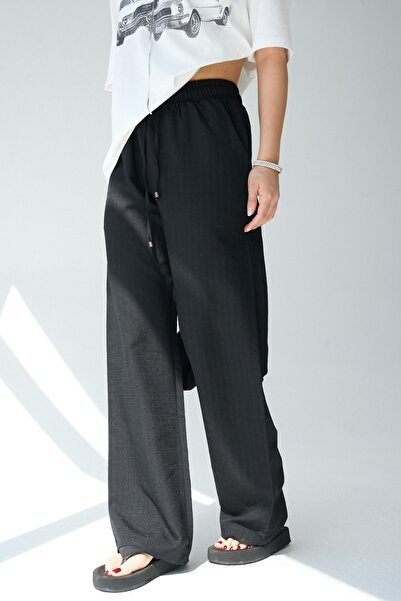 LOOSH Kadın Siyah Yüksek Lastik Bel Geniş Kesim Keten Dokulu Palazzo Pantolon