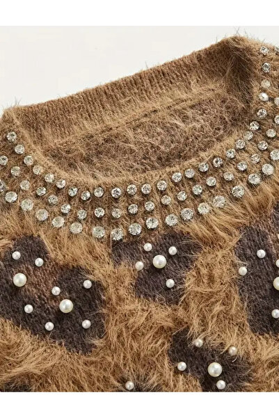 ALİVİONS Kadın Leopar Desenli İncili Kürklü Triko Kazak