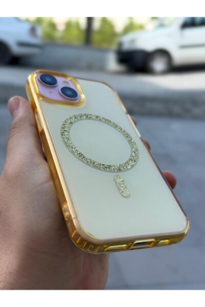 Sphone iPhone 15 Plus Kılıf Simli Magsafe Manyetik Halkası Şeffaf Renkli Color Köşe Airbag Korumalı Case