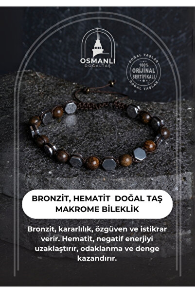 OSMANLI DOĞAL TAŞ Sertifikalı Bronzit, Hematit Doğal Taş Makrome Bileklik