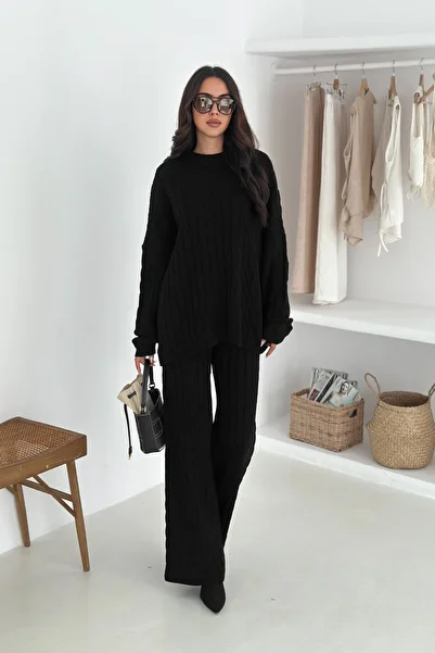MİROR Women's Black Knitted Patterned Loose Cut Knitwear Tracksuit Set