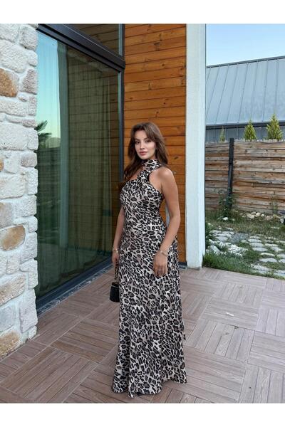BAŞARAN Leopard Pattern Satin Dress