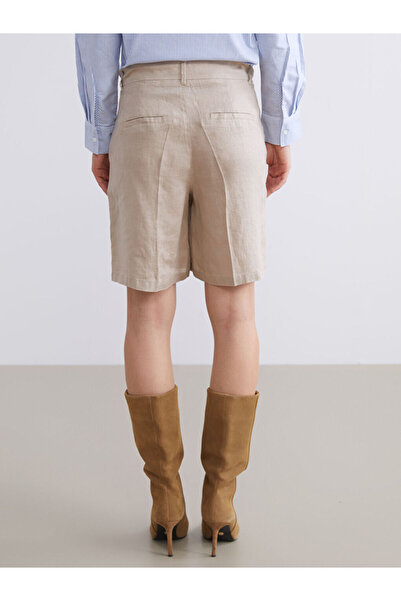 LC Waikiki Brown Loose Fit 100% Linen Women's Pleated Shorts