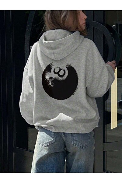 Eritqaa 8ball black back printed gray oversized hooded sweatshirt hoodie