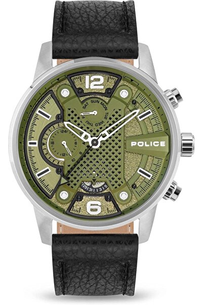 Police ساعة لانشو هجينة كوارتز أوتوماتيكية بمينا زيتوني وأسود مع حزام جلدي لل...