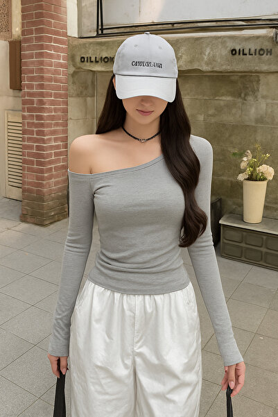 Tarz Cool Gray Women's Off Shoulder Boat Neck Tight/Slim Long Sleeve T-Shirt