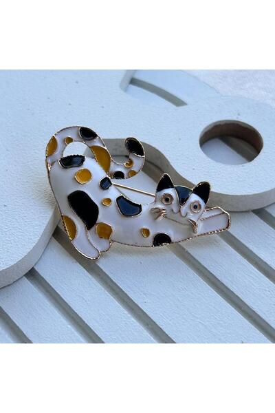 juleeco Beyaz Sarı Siyah Desenli Gold Kedi Broş(5cm)