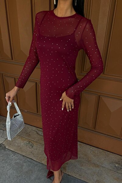 THE VOLER Stone Embroidered Premium Tulle Dress -Bordo