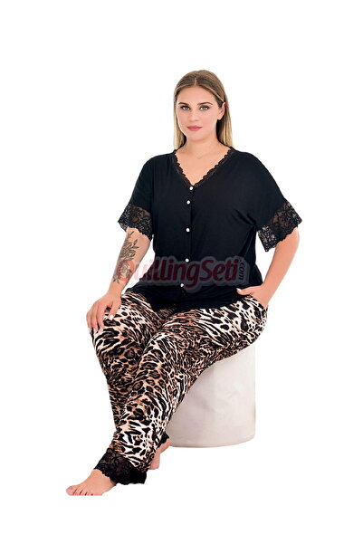 quilling Leopard Print, Black Color Short Sleeve and Buttoned Collar 11012 Women Plus Size Mom Pajamas Set
