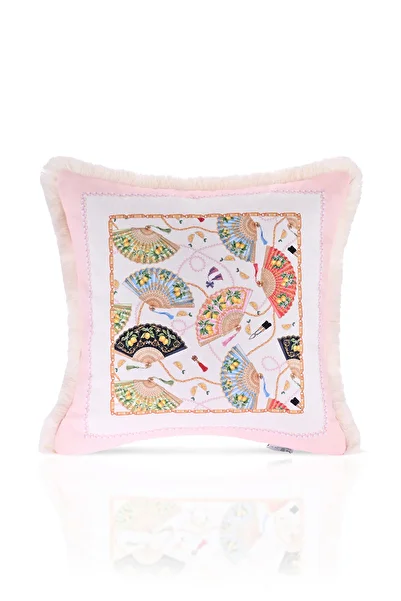 decofav Orient Charm – Fringed Velvet Throw Pillow Cover with Fan and Pearl Border Design - 43X43Cm