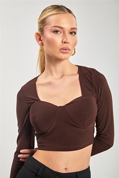 BARRELS AND OIL Γυναικεία μακρυμάνικη μπλούζα με τετράγωνο γιακά - Καφέ