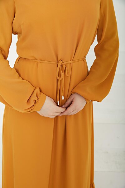 Armine TREND ARMİNE TREND Etek Ucu Tül Desenli Fermuarlı Elbise-Hardal-25YT924