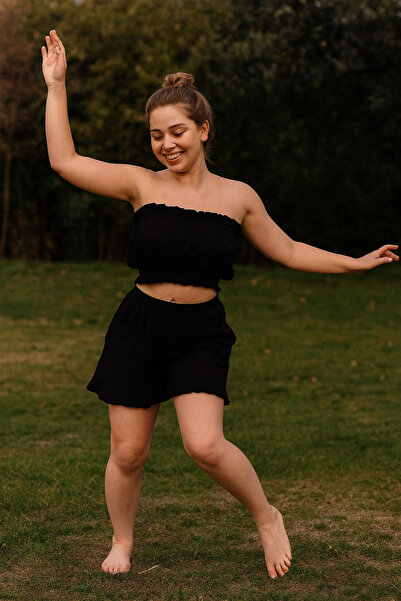 Çeşme Home Strapless Top & Shorts Two-Piece Set Comfortable Summer Muslin Fabric Black/Khaki