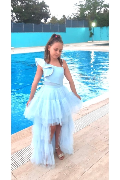 Erkut Baby Blue Tailed Evening Dress with Tulle Skirt for Girls