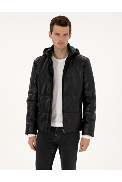 Pierre Cardin سترة جلدية سوداء بغطاء للرأس 50318153-001