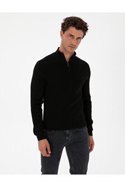 Pierre Cardin Black Slim Fit Stand Collar Zippered Knitwear Sweater 50315732-Vr046