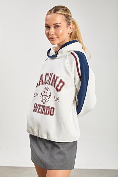 BARRELS AND OIL Kadın Önü Baskılı Kolları Biyeli Sweatshirt - Ekru