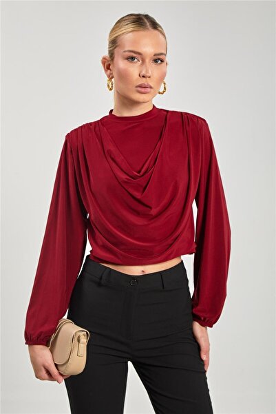 BARRELS AND OIL Kadın Omuz Vatkalı Degaje Yaka Bluz - Bordo