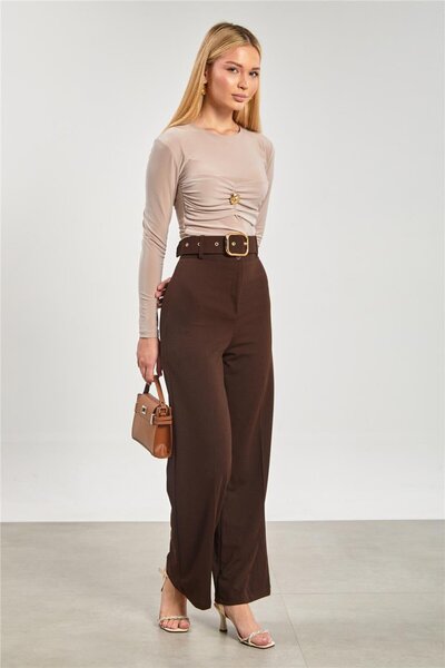 BARRELS AND OIL Kadın Kemerli Bol Paça Kumaş Pantolon - Kahve