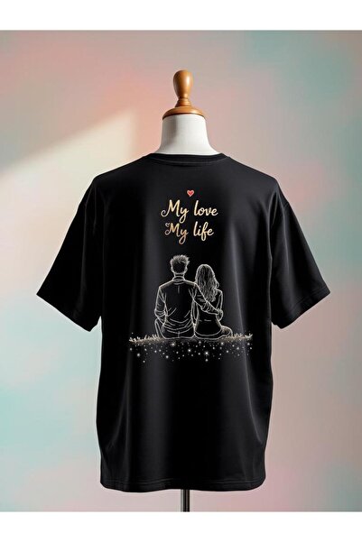 My Love My Life Baskılı Oversize Siyah Tshirt