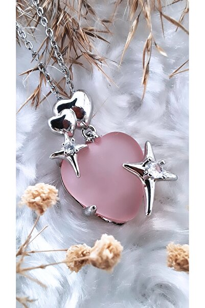 Serenity قلادة من الفولاذ على شكل نجمة وقلب من حجر الأوبال الوردي